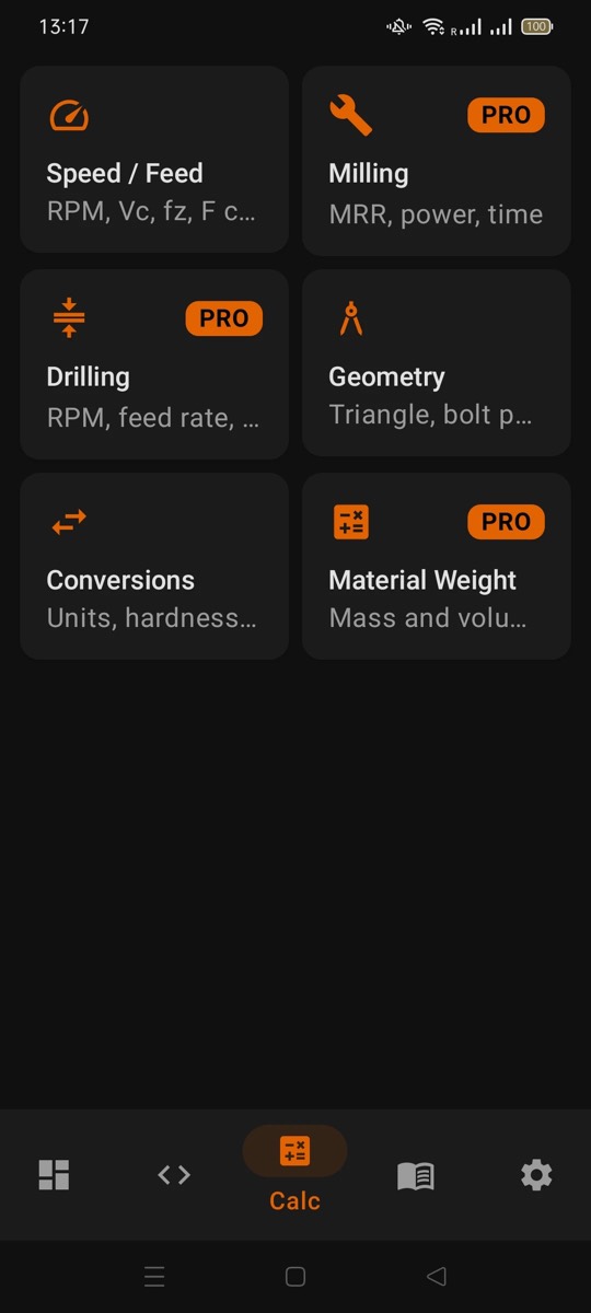 Calculator menu with speed and feed, milling, drilling, geometry, conversions and material weight
