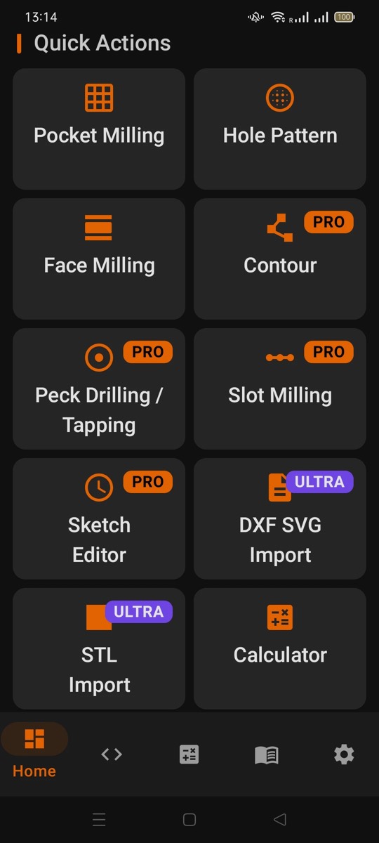 CNC Pocket Cam Programmer home screen with pocket milling, hole pattern, face milling, contour, drilling, slot, sketch editor, DXF/SVG and STL import