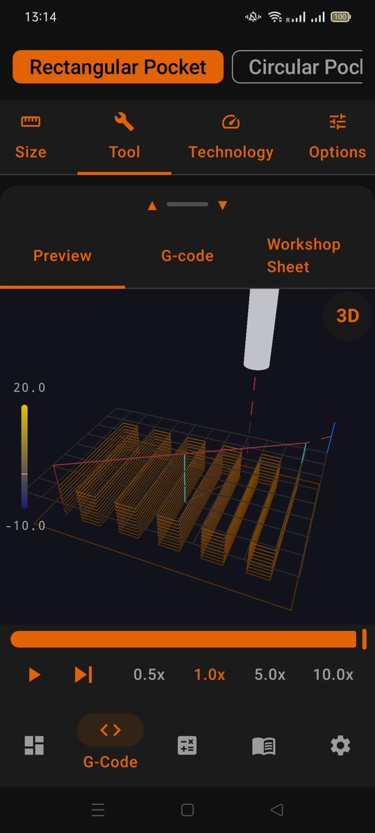 3D toolpath preview of a rectangular pocket with Z-depth color scale and playback controls