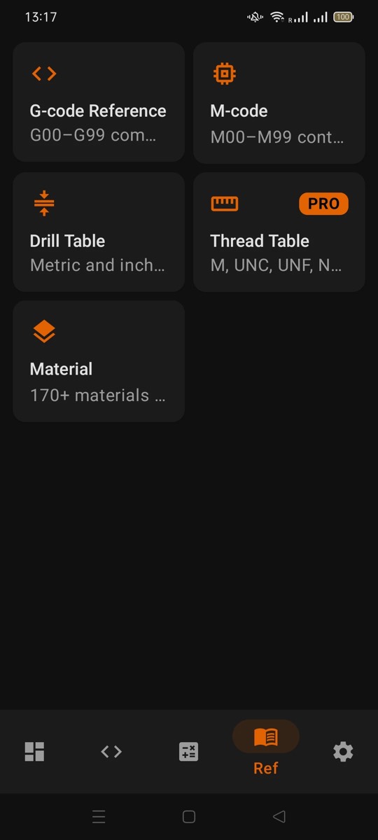 Reference menu with G-code reference, M-code, drill table, thread table and material database