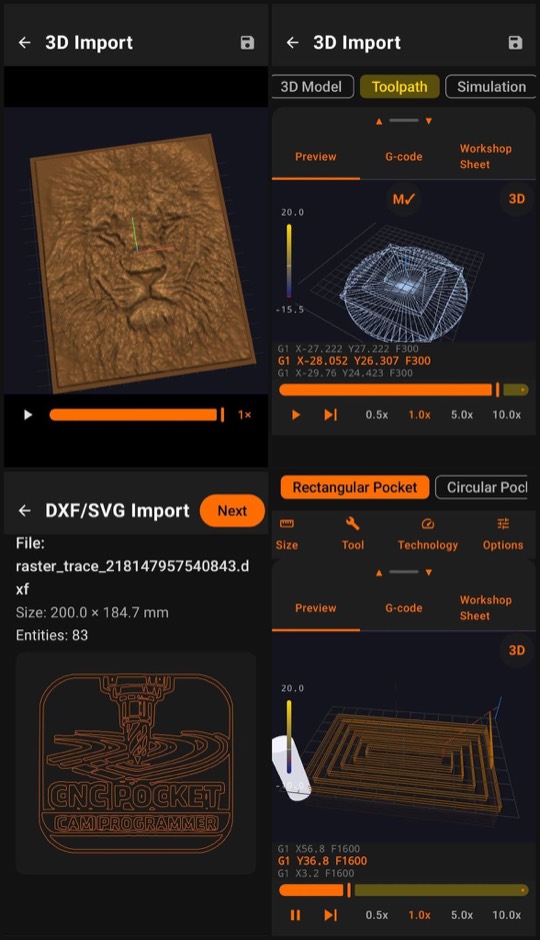 Collage of a 3D lion relief, a DXF/SVG import and a rectangular pocket toolpath