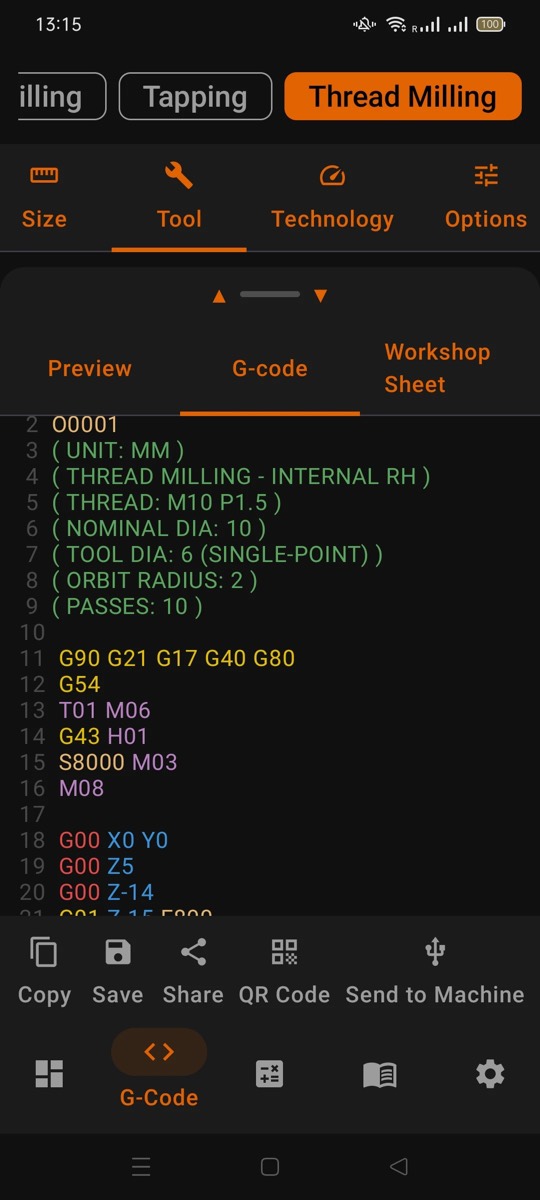 G-code for internal M10 x 1.5 thread milling with copy, save, share, QR code and send to machine buttons