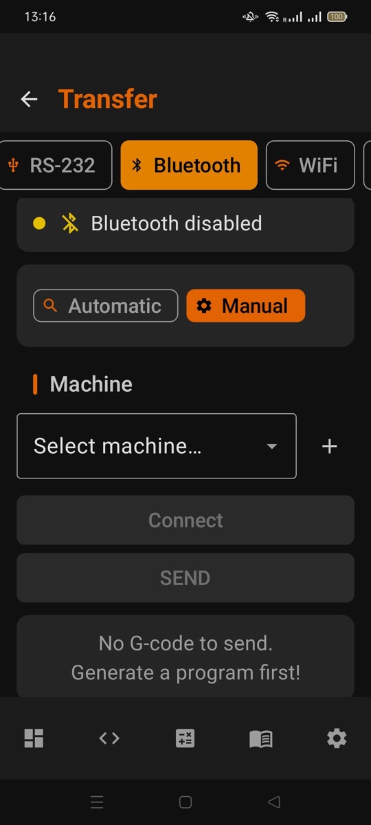 Transfer screen with RS-232, Bluetooth and WiFi connection tabs and machine selection