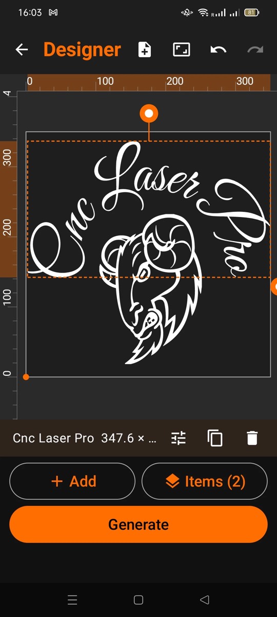 Designer with an imported vector logo and script text on the laser work area with mm rulers