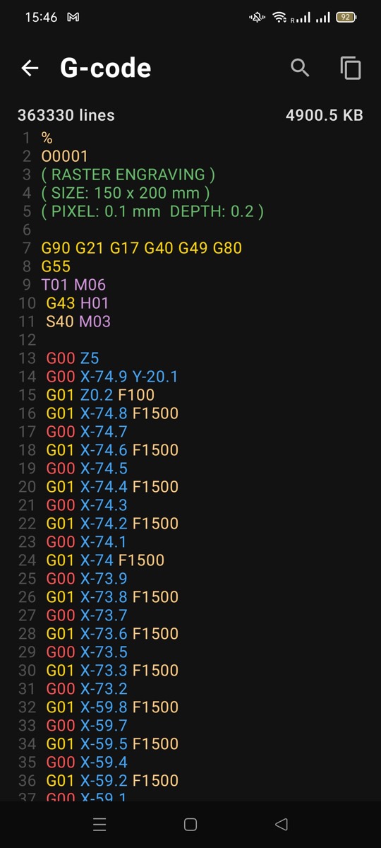 Generated G-code for raster engraving shown line by line in the app
