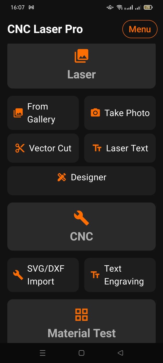 CNC Laser Pro home screen with Laser, Vector Cut, Laser Text, Designer, CNC, SVG/DXF Import and Material Test